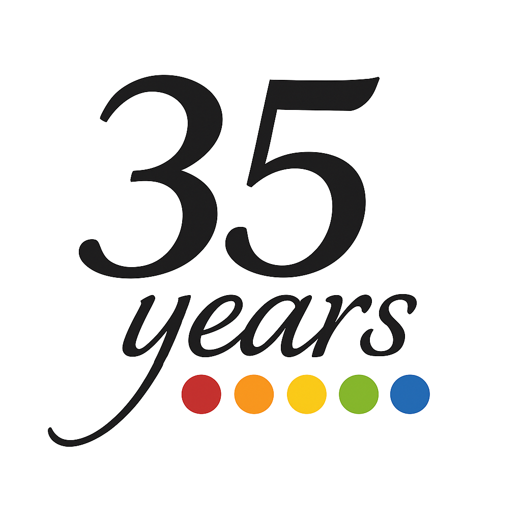 TBM — 35 years, marked with the five TBM brand dots